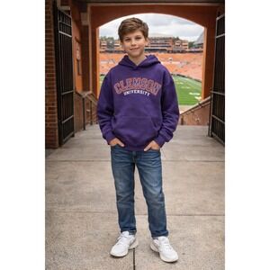 Vintage Russell CLEMSON Purple Hoodie Kangaroo Pocket Size Youth Large